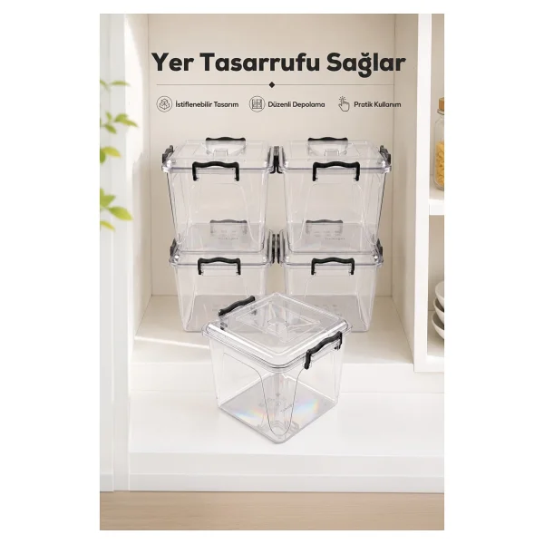 Vienev 8.5 Lt Şeffaf Plastik Erzak Saklama Kabı 5'li Set - Kapaklı Kilitli Çok Amaçlı Düzenleyici - Görsel 5
