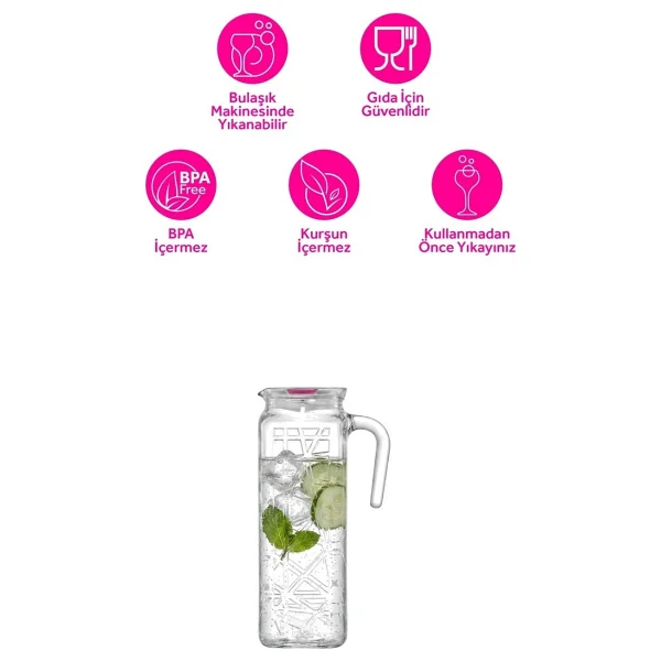 Lav Line Cam Sürahi Tekli 1,2 L Kulplu Pembe Plastik Kapaklı - Görsel 4