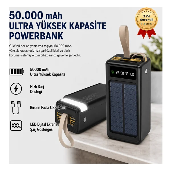 Hızlı Store B07 50000 mAh Ultra Yüksek Kapasiteli Powerbank Süper Hızlı Şarj, Çoklu Çıkış, LED Ekran, Tüm Cihazlarla Uyumlu Taşınabilir Şarj Cihazı - Beyaz - Görsel 8