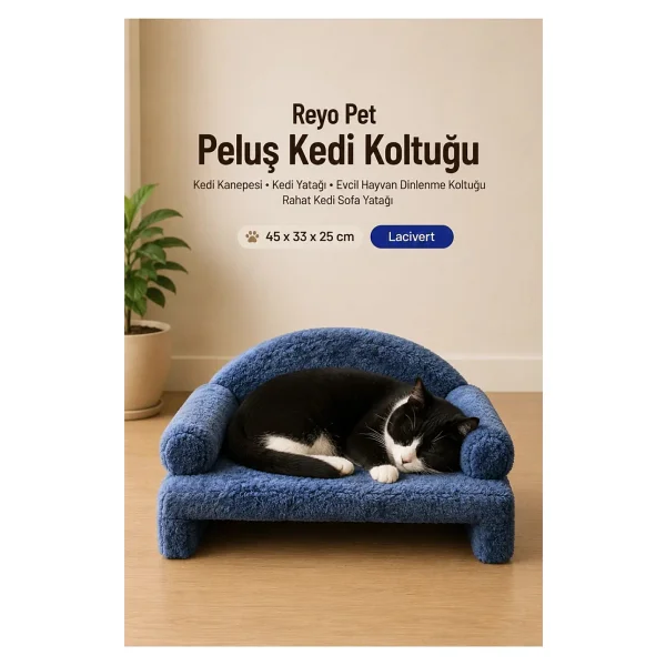 Reyo Pet Peluş Kedi Koltuğu, Kedi Kanepesi, Kedi Yatağı, Evcil Hayvan Dinlenme Koltuğu, Rahat Kedi Sofa Yatağı, 45x33x25 Cm Lacivert - Görsel 5