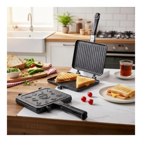 Çift Taraflı Ocak Üstü Döküm Tost Makinesi, Granit Efektli Yanmaz Yapışmaz Sandviç Ve Tost Tavası - Hamburger, Omlet Ve Aperatifler Için Ideal Ergonomik Saplı Kolay Temizlenebilir Grill Tava - Görsel 2