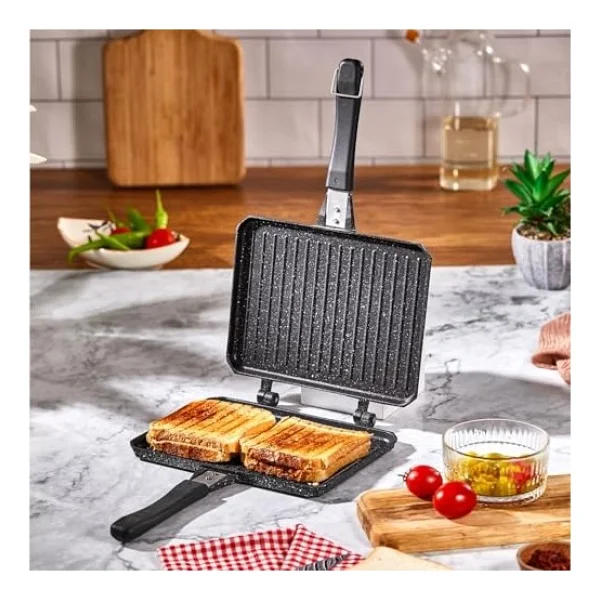 Çift Taraflı Ocak Üstü Döküm Tost Makinesi, Granit Efektli Yanmaz Yapışmaz Sandviç Ve Tost Tavası - Hamburger, Omlet Ve Aperatifler Için Ideal Ergonomik Saplı Kolay Temizlenebilir Grill Tava - Görsel 3