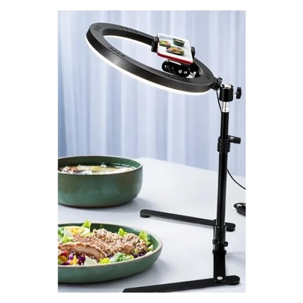 10 Masaüstü Ring Light Çekim Standı - 30-47,5 Cm Ayarlanabilir Yükseklik, Telefon Tutuculu Ürün Video & Fotoğraf Çekim Selfie Işığı Tripod, Cz-035, Siyah - Görsel 4