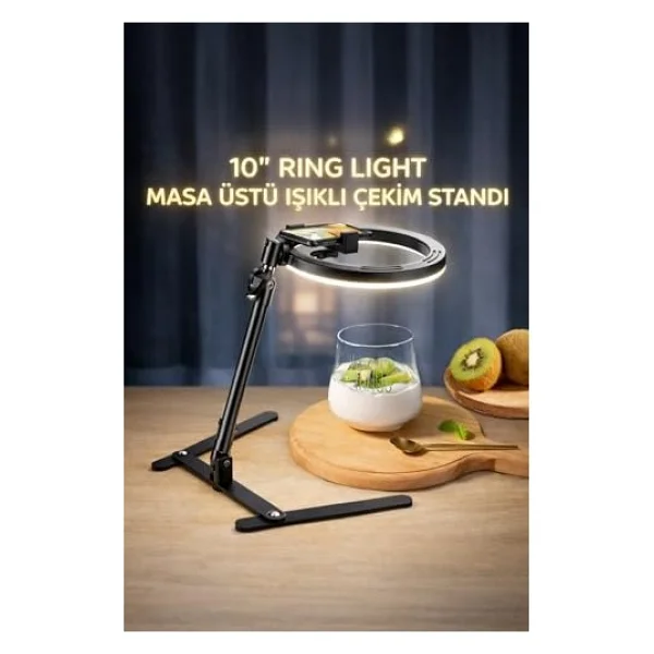 10 Masaüstü Ring Light Çekim Standı - 30-47,5 Cm Ayarlanabilir Yükseklik, Telefon Tutuculu Ürün Video & Fotoğraf Çekim Selfie Işığı Tripod, Cz-035, Siyah - Görsel 5