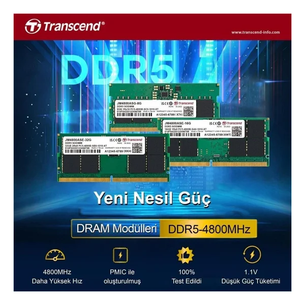 Transcend 16 GB 4800 MHz Cl40 Jm4800ase-16g DDR5 RAM - Görsel 2