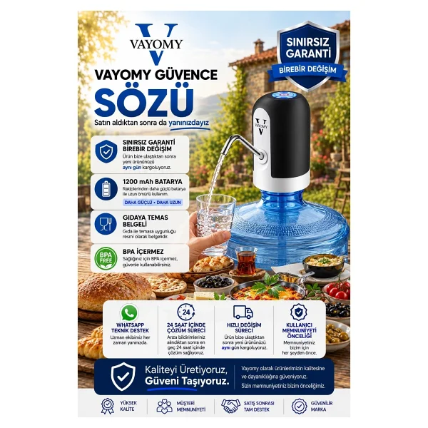 Vayomy Otomatik Şarjlı Damacana Su Pompası 1200 mAh Bataryalı Beyaz (Bpa Içermez ,Ce Belgelidir) - Görsel 2