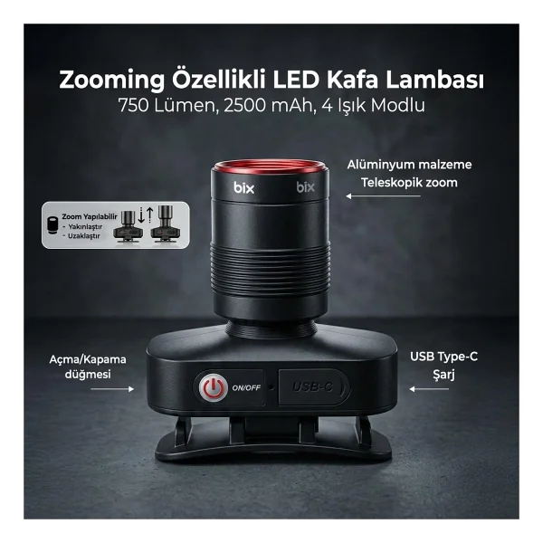 Bix Bxt1fl Şarj Edilebilir 10w Kafa Feneri - 750 Lümen, 2500 mAh, 4 Işık Modlu Zooming Özellikli LED Kafa Lambası Headlight - Görsel 3