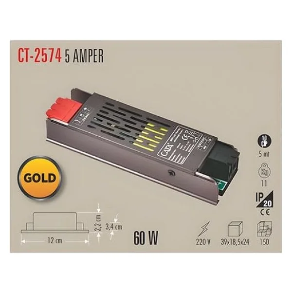 12v Premium Gold Serisi Ultra Slim Sessiz LED Trafosu - Cata Metal Kasa, Fansız Tasarım, Klemensli Şerit LED Adaptörü - Ip20 İç Mekan Güç Kaynağı (5a / 10a / 12.5a / 17a / 21a / 30a) (5 Amper) - Görsel 3