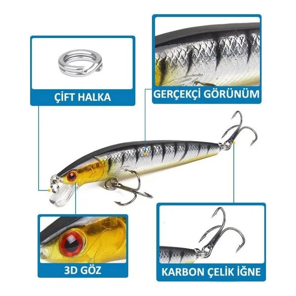 Valkyrie 10 Adet 10cm 9gr Minnow Sahte Olta Yem Seti Rapala 1m Derinlik 10 Farkli Renk Karbon Celik Igne - Görsel 3