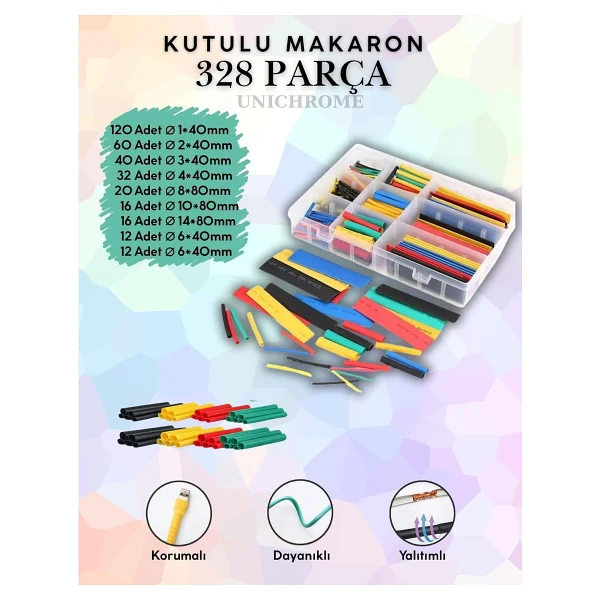 328 Parça Kutulu Heat Shrink Makaron Daralan Kablo Tamir Seti - Globe Elektrik Bant Hediyeli - Görsel 2