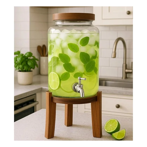 Akasya Standlı Cam Sebil 5l Musluklu Soğuk İçecek Dispenseri Limonata, Detoks Suyu, Meyve Aromaları - Görsel 2