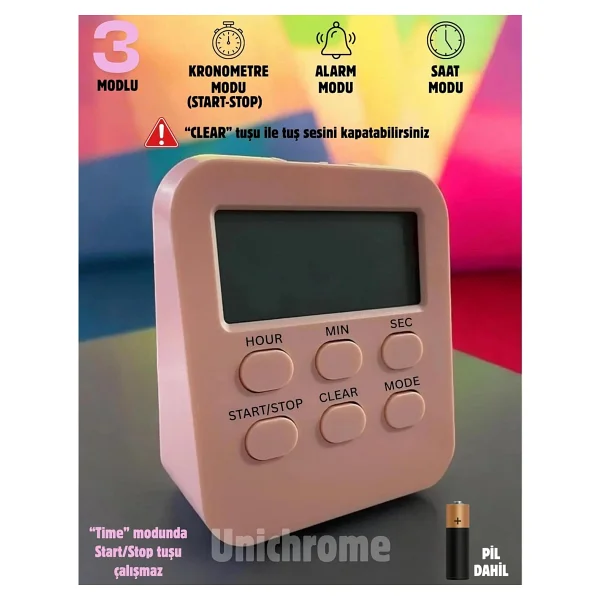 Öğrenci Ders Çalışma Saati Kronometreli Araç Saati Mutfak Bozdolabı Magnet Saat Zamanlayıcı Pembe - Görsel 2