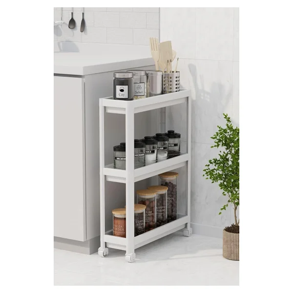 Slim 3 Katlı Tekerlekli Raf Ünitesi - Dar Alanlar İçin Mutfak & Banyo Organizer - Baharatlık & Havluluk Düzenleyici (Beyaz) - Görsel 4