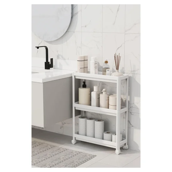 Slim 3 Katlı Tekerlekli Raf Ünitesi - Dar Alanlar İçin Mutfak & Banyo Organizer - Baharatlık & Havluluk Düzenleyici (Beyaz) - Görsel 2