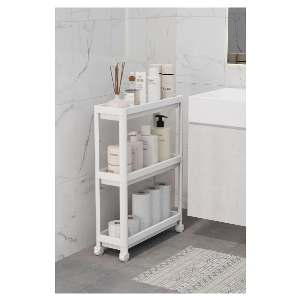 Slim 3 Katlı Tekerlekli Raf Ünitesi - Dar Alanlar İçin Mutfak & Banyo Organizer - Baharatlık & Havluluk Düzenleyici (Beyaz) - Görsel 3