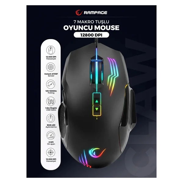 Rampage Smx-G38 Claw RGB Makrolu Optik Kablolu Oyuncu Mouse - Görsel 10