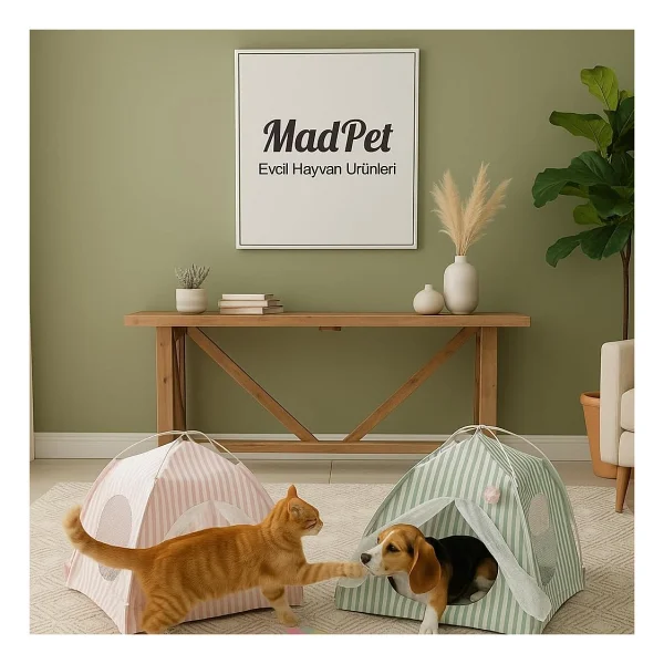 Madpet Kedi Köpek Evi Çadırı - Taşınabilir Katlanabilir Pet Çadırı - File Pencereli, Minderli, Konforlu Kapalı Uyku Alanı - Hafif Ve Dayanıklı Küçük Irk Kedi Köpek Çadır Evi (Yeşil) - Görsel 2