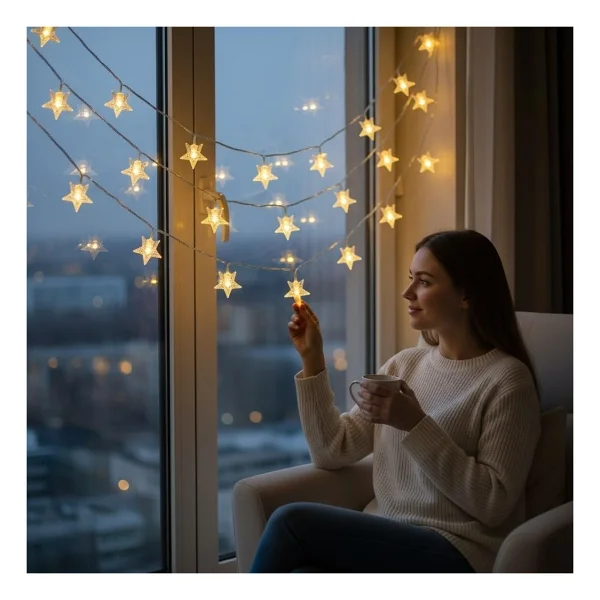 Coverzone 10 Metre 60 Ledli Yıldız Işık Zinciri Dekoratif Fişli Sıcak Sarı Led Aydınlatma Ev Oda Balkon Duvar Pencere Yılbaşı Parti ve Doğum Günü Süslemeleri - Görsel 8