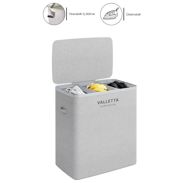 Valletta Paloma 120l Üç Yıkanabilir Bölmeli Katlanabilir Kumaş Kirli Çamaşır Sepeti Light Gray - Görsel 4