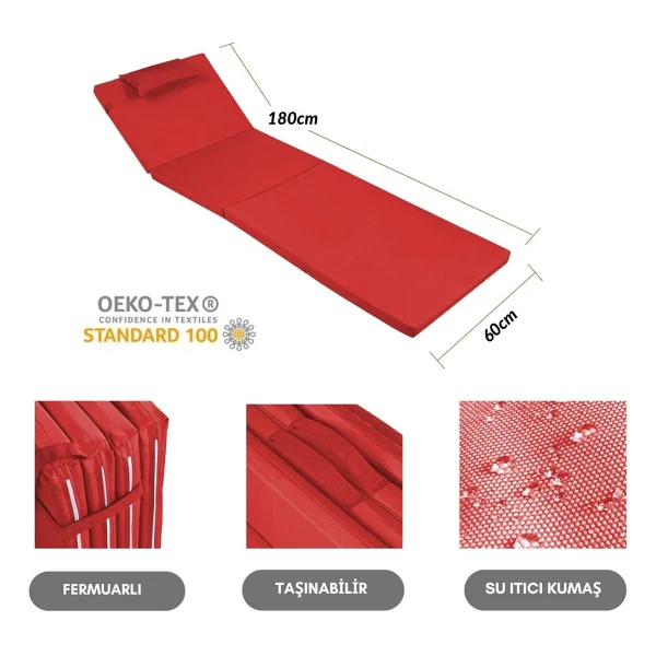 Reyo Taşınabilir Katlanır Şezlong Minderi 4 Cm Kalınlık 1. Kalite Su Itici Kumaşlı, Yastıklı, Fermuarlı, Kulplu Plaj Havuz Kamp Yatağı Minderi Kırmızı - Görsel 6