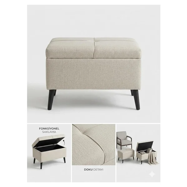 Coart Home Sandıklı Keten Puf 60x45x40 Sandıklı Saklama Kutusu, Makyaj Koltuğu, Sandıklı Puf - Görsel 3