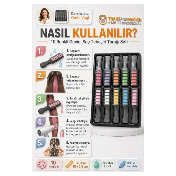 Transformacion 10 Renkli Geçici Saç Tebeşiri Tarağı Seti - Yıkanabilir Rengarenk Canlı Saç Boyası Tarağı Doğum Günü, Kostüm Partisi Ve Festival Eğlence Taraklı Saç Renklendirici Set 723333 - Görsel 2