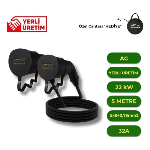 Nuvion Type 2 Ac 5 Metre Elektrikli Araç Şarj Kablosu, 22 Kw, 32a, 5 Metre, 5x6+0,75mm2, Taşıma Çantası Hediye - Görsel 2