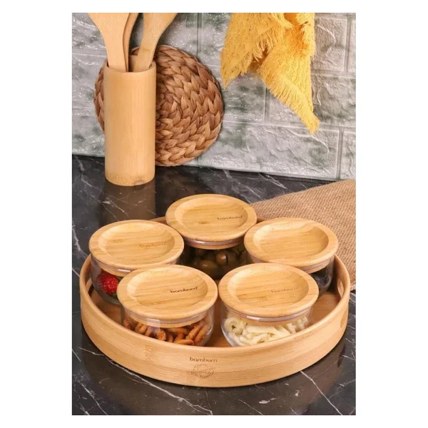 Bambum Duo 300 Ml 5'li Tepsili Bambu Kapaklı Cam Kahvaltılık - Görsel 4