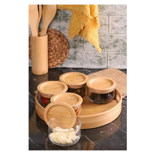 Bambum Duo 300 Ml 5'li Tepsili Bambu Kapaklı Cam Kahvaltılık - Görsel 2