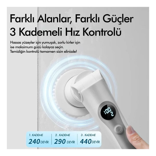 Kablosuz Şarjlı Temizlik Fırçası 8 Başlıklı 3 Kademe Hız Ayarlı Teleskopik Çok Amaçlı Ev Cihazı - Görsel 3