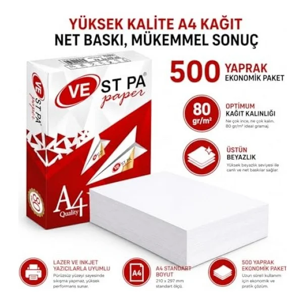 Vestpa A4 Fotokopi Kağıdı, 80 Gr/M2, 500 Yaprak, Lazer Ve Inkjet Yazıcı Uyumlu, Yüksek Beyazl - Görsel 3