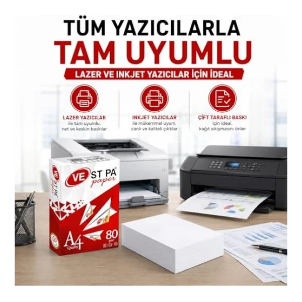 Vestpa A4 Fotokopi Kağıdı, 80 Gr/M2, 500 Yaprak, Lazer Ve Inkjet Yazıcı Uyumlu, Yüksek Beyazl - Görsel 5