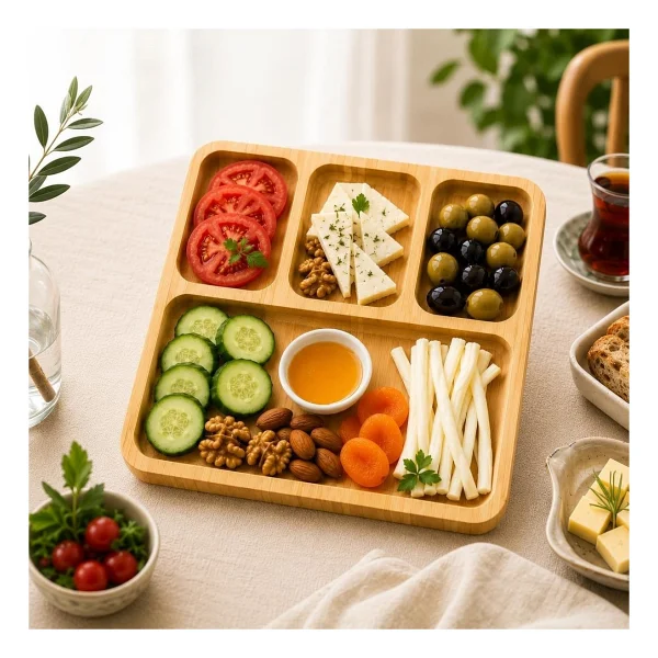 Bambu Kahvaltılık Sunum Tepsisi, Bölmeli Ahşap Servis Tabağı Doğal Bambu Kahvaltı Ve Çerez Sunumluk (Kare) - Görsel 4
