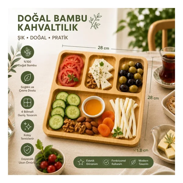 Bambu Kahvaltılık Sunum Tepsisi, Bölmeli Ahşap Servis Tabağı Doğal Bambu Kahvaltı Ve Çerez Sunumluk (Kare) - Görsel 2