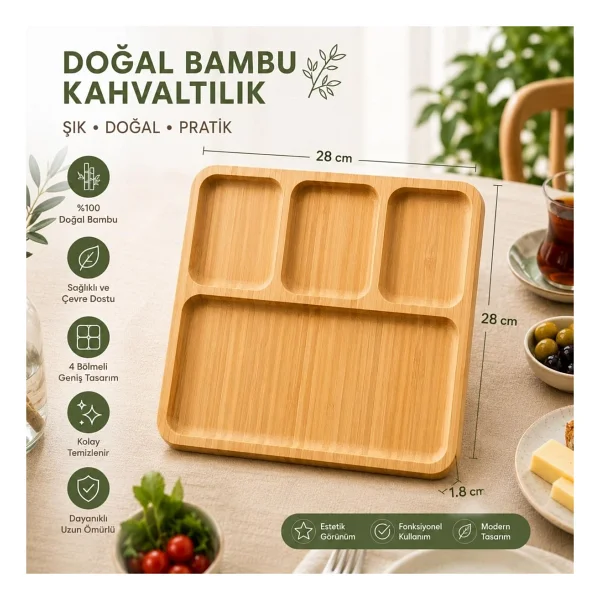 Bambu Kahvaltılık Sunum Tepsisi, Bölmeli Ahşap Servis Tabağı Doğal Bambu Kahvaltı Ve Çerez Sunumluk (Kare) - Görsel 3