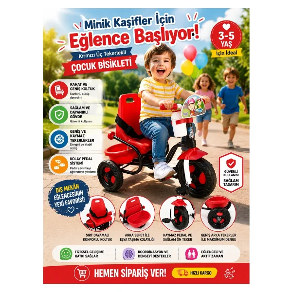 Babyhope 101 Prens Kırmızı-Siyah 3 Tekerlekli Bisiklet - Görsel 4
