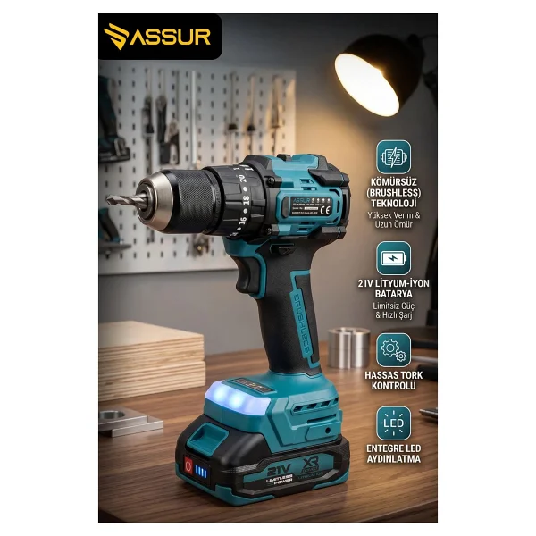 Assur Plus 21v 2.0ah Bakır Sargı Kömürsüz Motor Çelik Mandren Darbeli Şarjlı Matkap Akülü Vidalama - Görsel 2