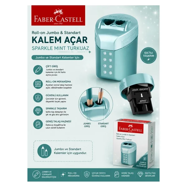 Faber-Castell Faber Castell Roll-On Jumbo Ve Standart Kalem Açar Kalemtıraş Sparkle Mint Turkuaz - Görsel 4