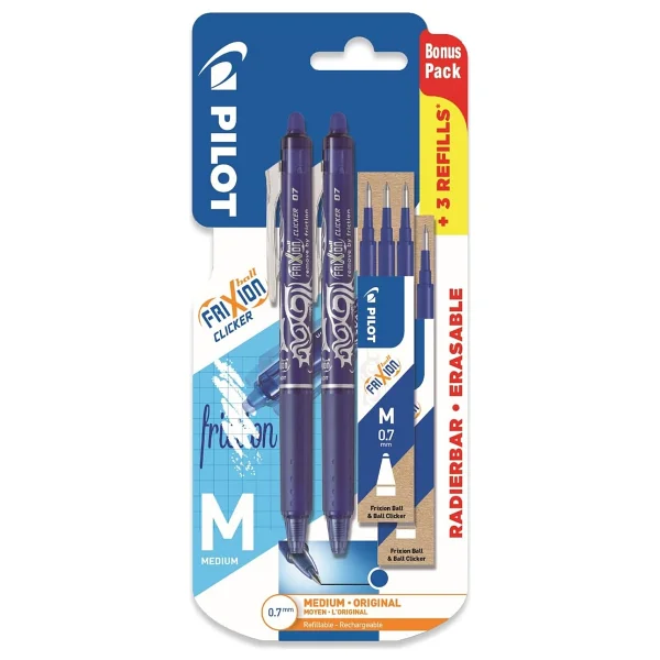 Pilot Frixion Clicker - Geri Çekilebilir Silinebilir Jel Mürekkep Kalemleri - Mavi Mürekkep - Orta 0,7 mm Uç - Blister 2'li Paket + 6 Bonus Yedek - Görsel 6