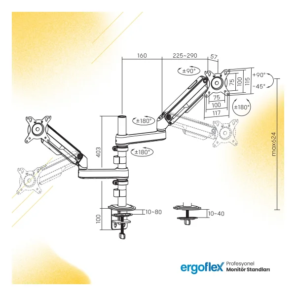Ergoflex Ergoflex S16 Çift Kol 22-35inch Amortisörlü 2-9 Kg Monitör Standı 2026 Versiyon Gri - Görsel 3