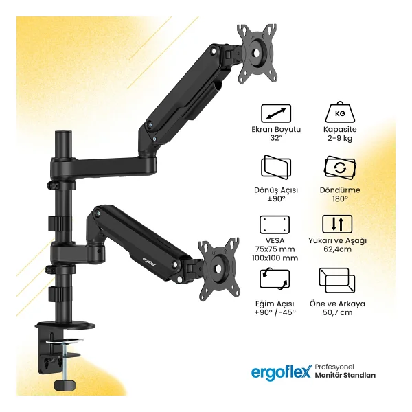 Ergoflex Ergoflex S16 Çift Kol 22-35inch Amortisörlü 2-9 Kg Monitör Standı 2026 Versiyon Gri - Görsel 4