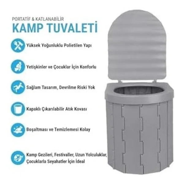 Katlanabilir Portatif Kamp Tuvaleti - Bi-Pot - Gri - 547218 - Görsel 2