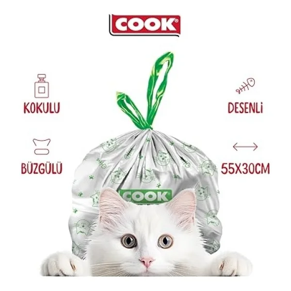 Cook Kedi Tuvaleti Büzgülü Çöp Torbası, 55 X 30 Cm, 20 Yaprak, Sabun Kokulu, Beyaz - Görsel 6