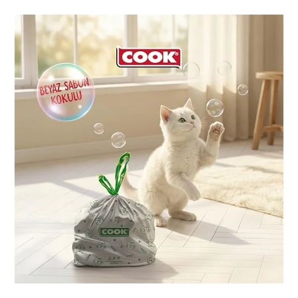 Cook Kedi Tuvaleti Büzgülü Çöp Torbası, 55 X 30 Cm, 20 Yaprak, Sabun Kokulu, Beyaz - Görsel 2