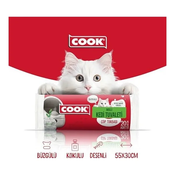 Cook Kedi Tuvaleti Büzgülü Çöp Torbası, 55 X 30 Cm, 20 Yaprak, Sabun Kokulu, Beyaz - Görsel 5