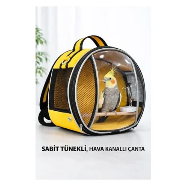 Sırta Asılan Suluklu Kuş Taşıma Çantası (Sabit Tünekli) Her Kuş İçin Uygun Dev Boy! (Sarı) - Görsel 3