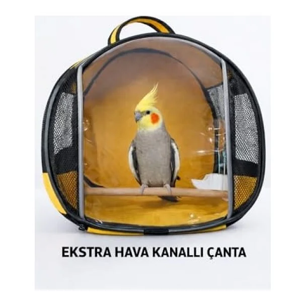 Sırta Asılan Suluklu Kuş Taşıma Çantası (Sabit Tünekli) Her Kuş İçin Uygun Dev Boy! (Sarı) - Görsel 4