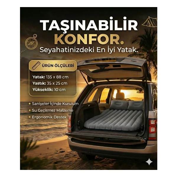 Araç İçi Şişme Yatak Araba Ve Kamp Yatağı Çanta Elektrikli Pompa Tamir Kiti Ve Yastıklı Yatak Seti - Görsel 2