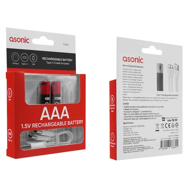 Asonic Pl1400 1.5v 1400 mAh 2'li Aa Kalem Type-C Şarjlı Pil - Görsel 5