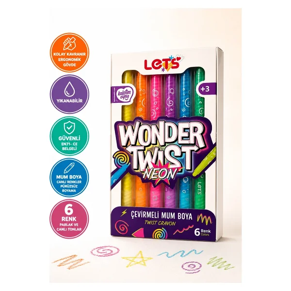 Lets Wonder Twist Çevirmeli Neon 6'lı Mum Boya - Görsel 2